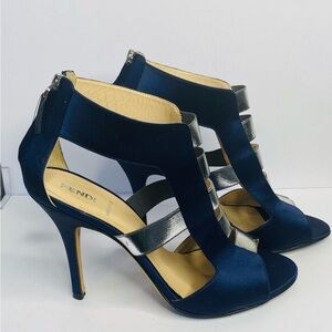 Fendi Navy Satin High Heel Sandals with Silver Metallic Straps
